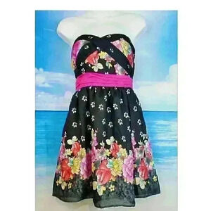 TCEC Womans STRAPELESS Sun Dress BLACK FLORAL Lightweight LINED Side Zip size Sm